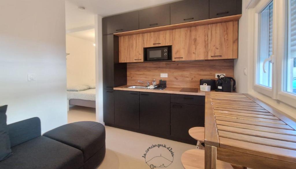 克莱蒙费朗Les Violettes #Parking#Confort的房间里有一张沙发和一张桌子的厨房