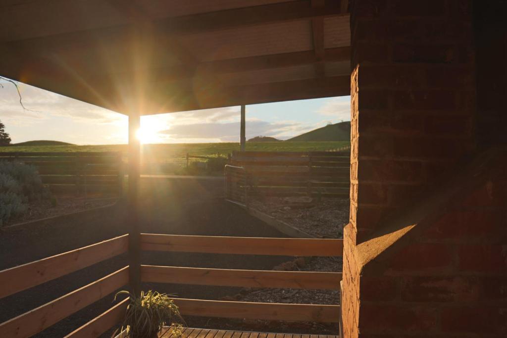 een raam van een gebouw waar de zon doorheen schijnt bij Black Rock Cottage in Camperdown