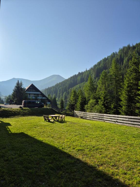 a picnic table in a field in front of a house at Chaletwohnung Innerkrems in Innerkrems