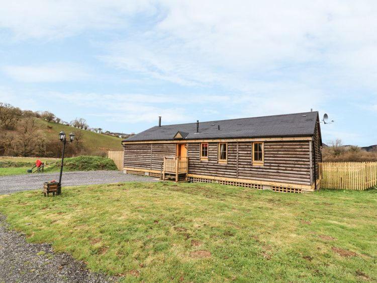 a small wooden cabin in a field with a person standing outside at Alpaca cabin-mountain view-hot tub-rural retreat in Llanbrynmair