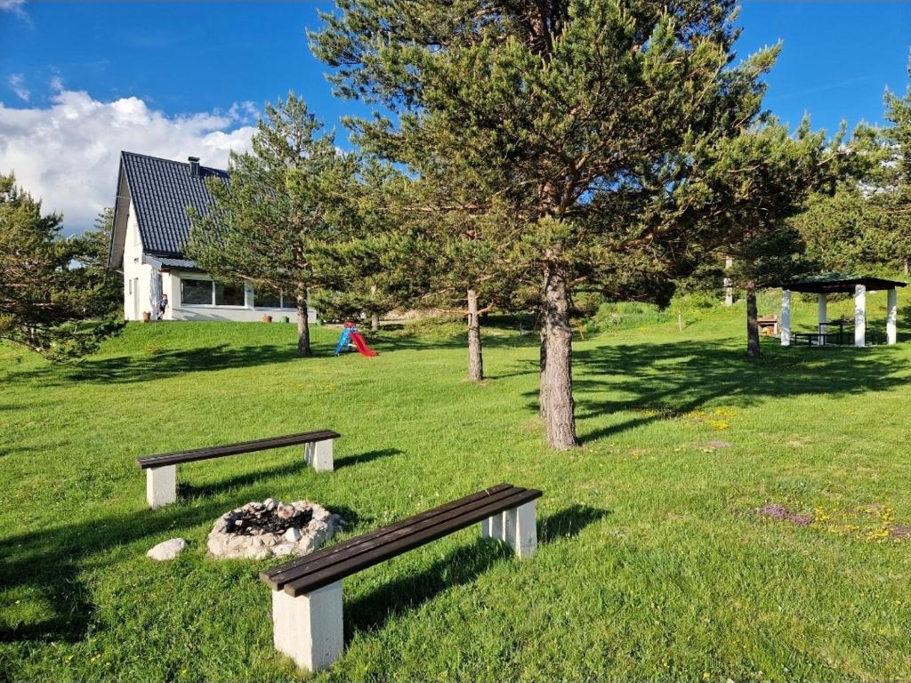 a park with two benches and a tree at Vikendica Jure Blidinje Ski&Nature in Čuljci