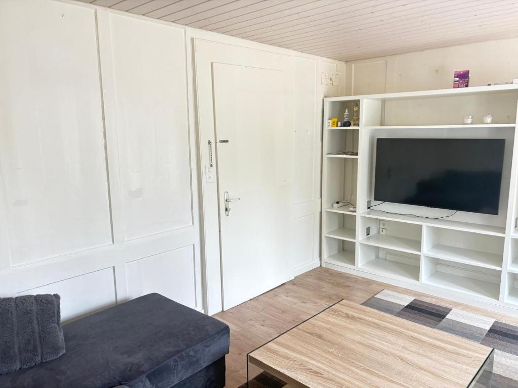 Una sala de estar con televisión y un sofá. en Charmante 2-Zimmer EG Wohnung in Heiden, en Heiden