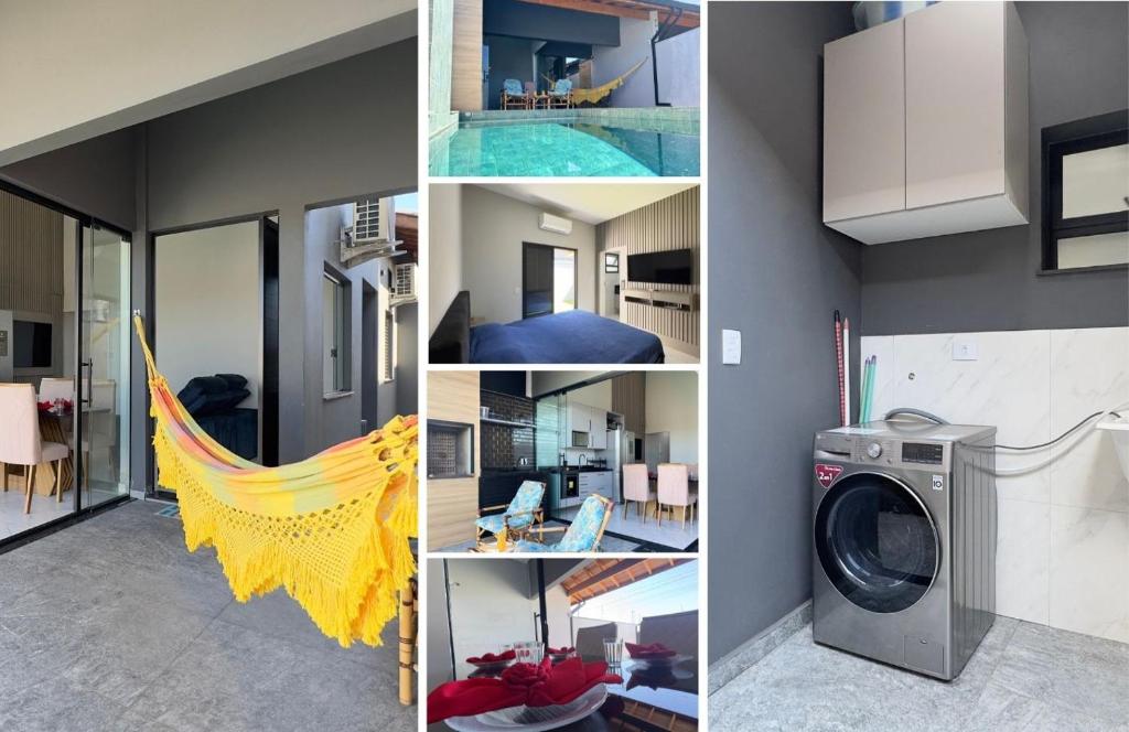 a collage of pictures of a house with a washing machine at Casa Moderna para Familias com Piscina Churrasqueira Wi-Fi e Ar Condicionado in Peruíbe