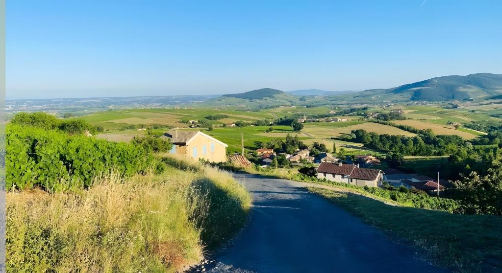 an aerial view of a small village with a river at Gite de Clairette et Nono in Lantignié-en-Beaujolais