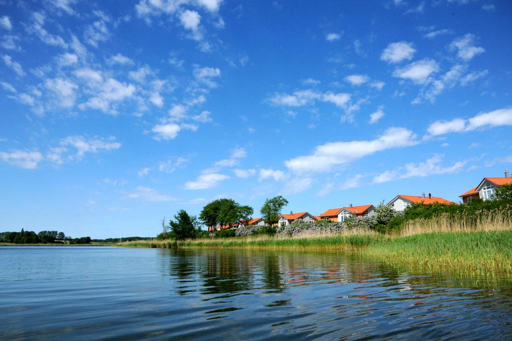 eine Reihe von Häusern am Ufer eines Sees in der Unterkunft Schlei Resort Marina Hülsen in Kosel