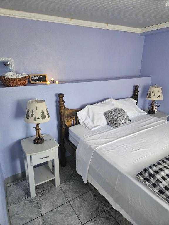 a blue bedroom with a bed and two lamps at Beez Haven ocean view in Gommier