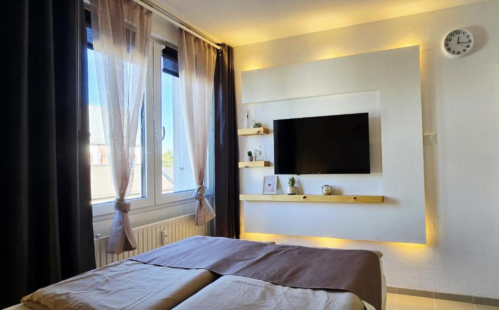 a bedroom with a bed and a tv and a window at Bestlage - Gemütliche Wohnung in der Mainzer City in Mainz