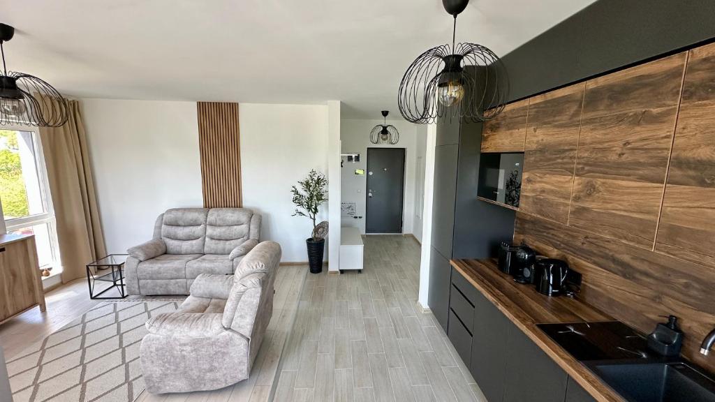 a living room with a couch and a chair at Meridian Suite in Sighişoara