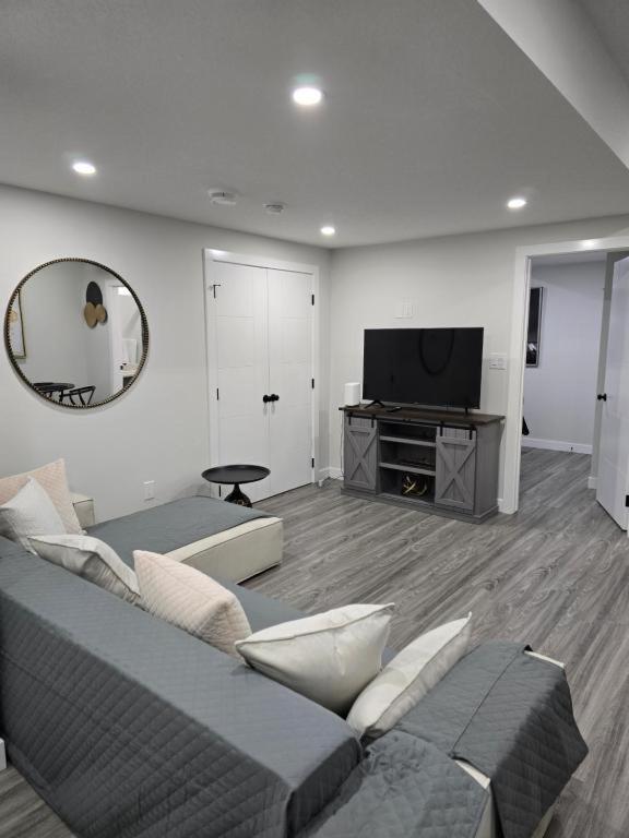 a living room with a couch and a television at The Willow Nest lower suite-2 Rooms in Calgary