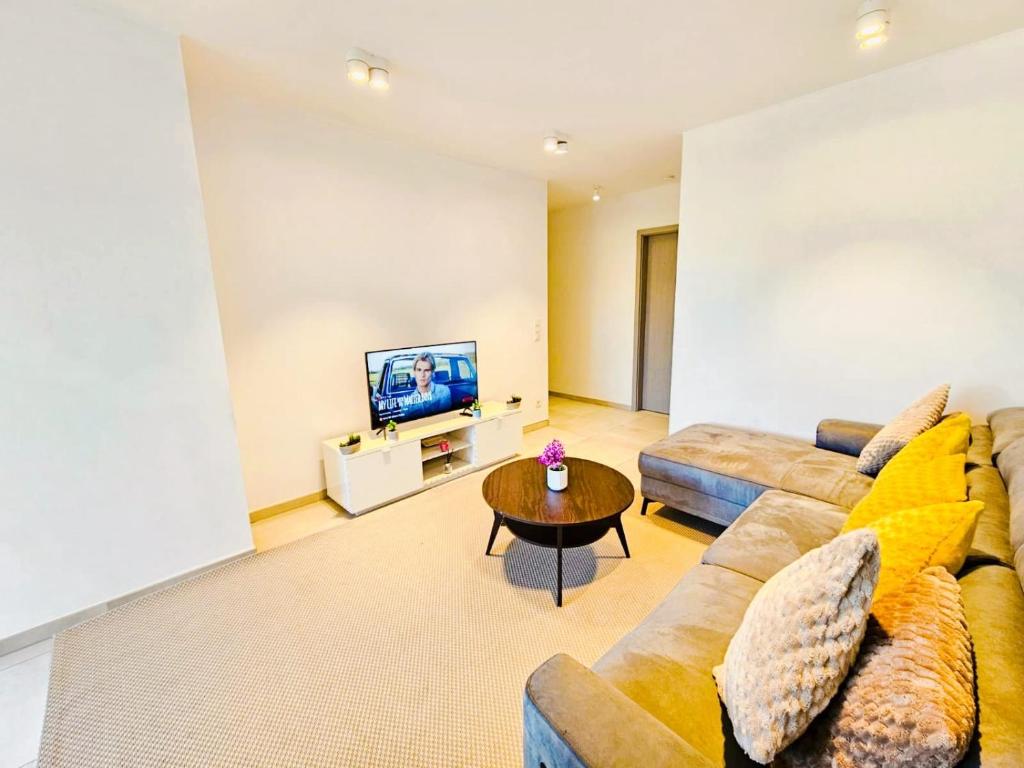 ルクセンブルクにあるElegant 3BR Retreat with terraces&parkingのソファとテレビのあるリビングルーム