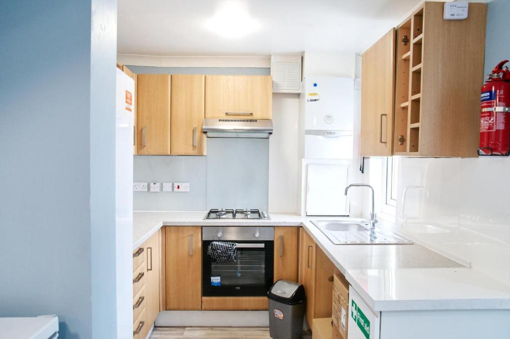 a kitchen with white counters and wooden cabinets at Regina's Place in London