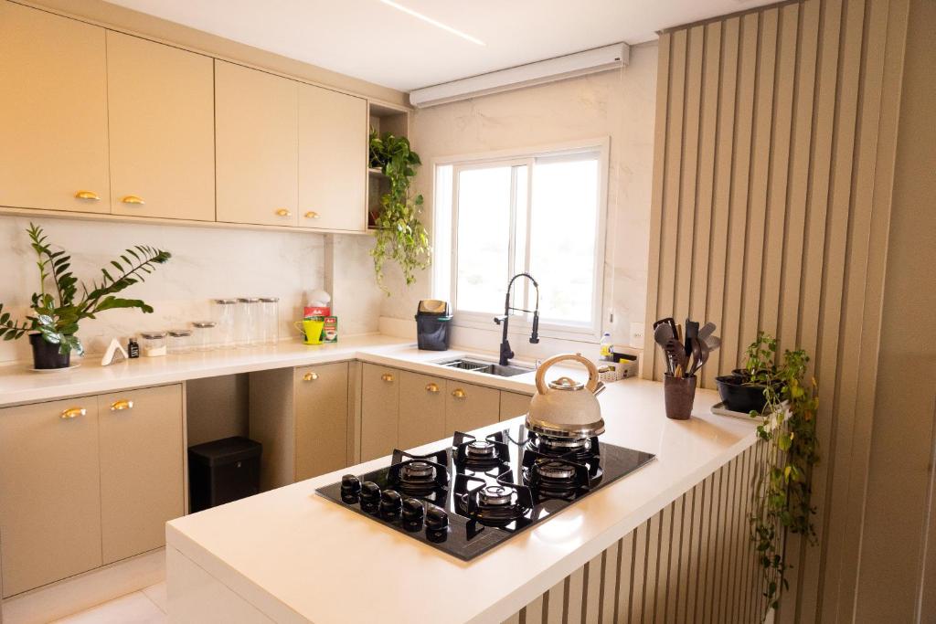 Kuchyň nebo kuchyňský kout v ubytování Apartamento Alto Padrão com Vista Para o Lago