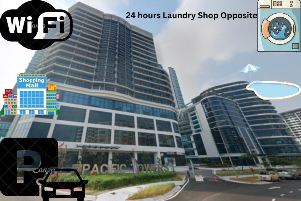 a view of a city with a car in front of a building at Pacific Towers Star Seksyen 13 PJ Jaya One Parking Pool Kitchen in Petaling Jaya