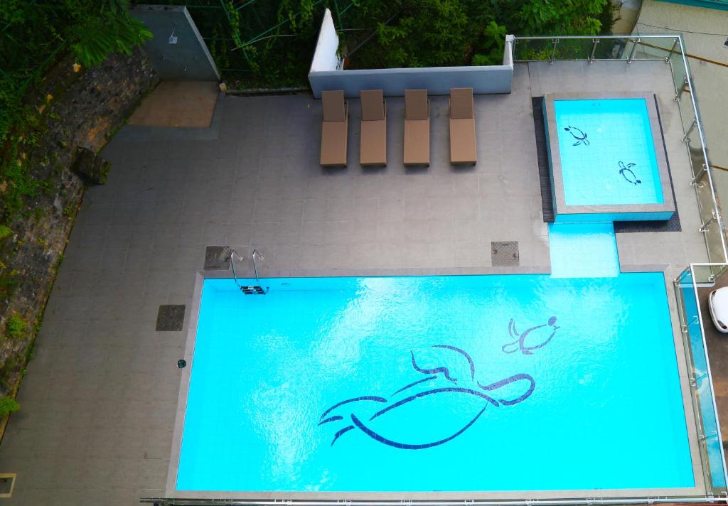 an overhead view of a swimming pool with two benches at The Dorwin Heights in Kandy