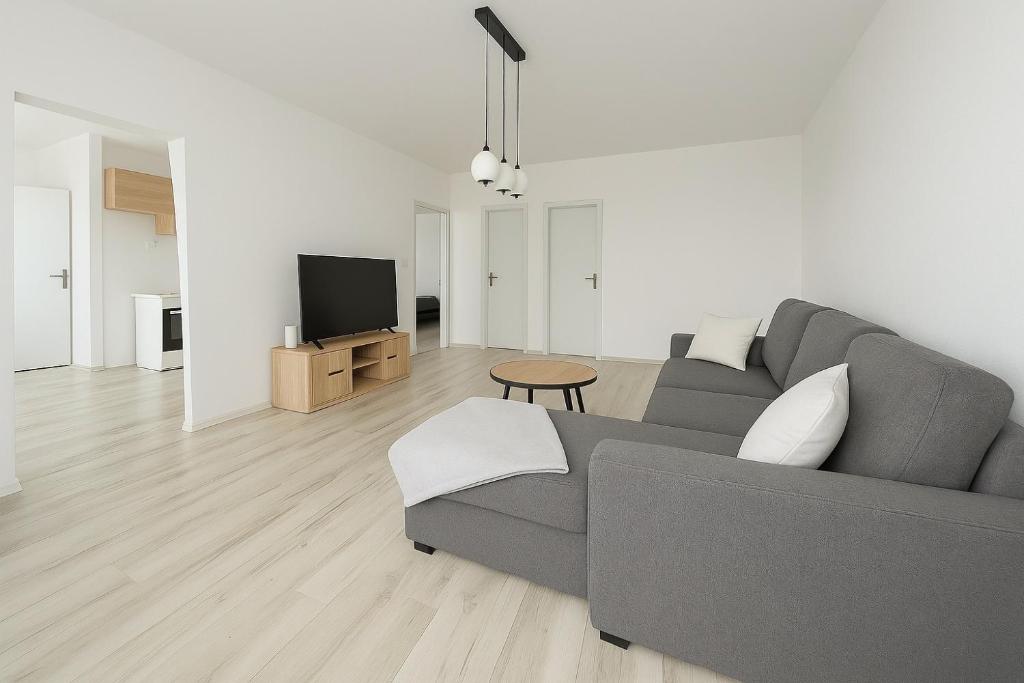 a living room with a gray couch and a tv at Family Apartman Michalovce in Michalovce