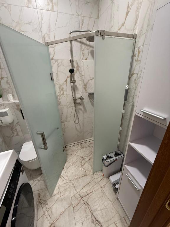 a bathroom with a shower with a glass door at Borytchyw in Kyiv