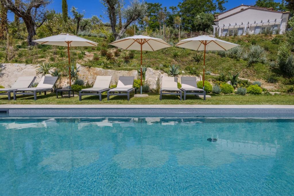 a swimming pool with chairs and umbrellas next to a pool at Villa Petra in Capodarco