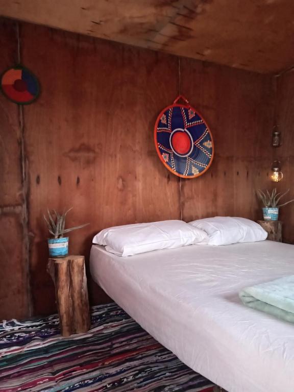a bedroom with two beds in a wooden wall at Geo Tribe in Dahab