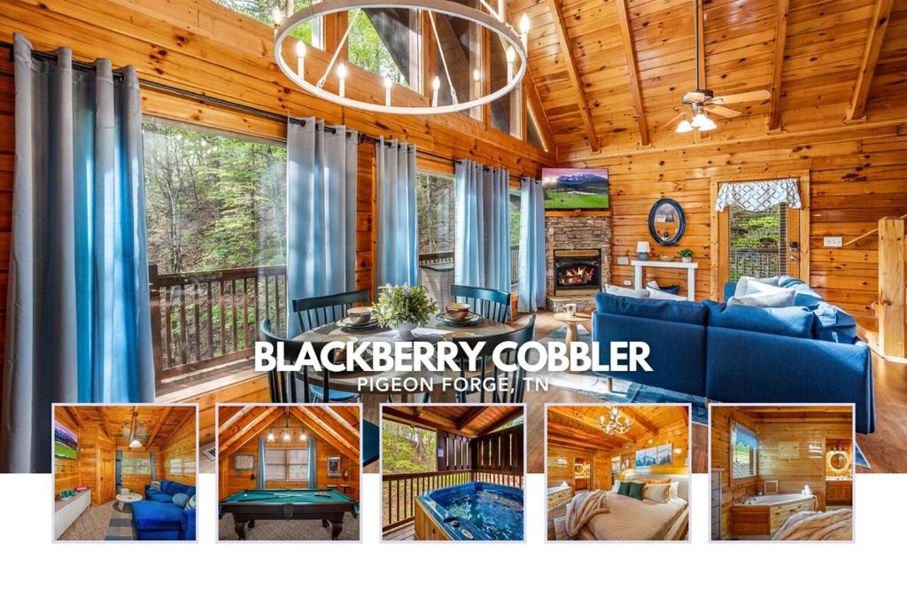 eine Collage aus Bildern einer Brombeerhütte in der Unterkunft Blackberry Cobbler - Private Fall Escape, Hot Tub, Scenic Views, Dogs in Pigeon Forge