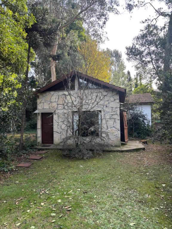ein kleines Steinhaus inmitten eines Gartens in der Unterkunft Aneley Cabañas Bosque Peralta Ramos in Mar del Plata
