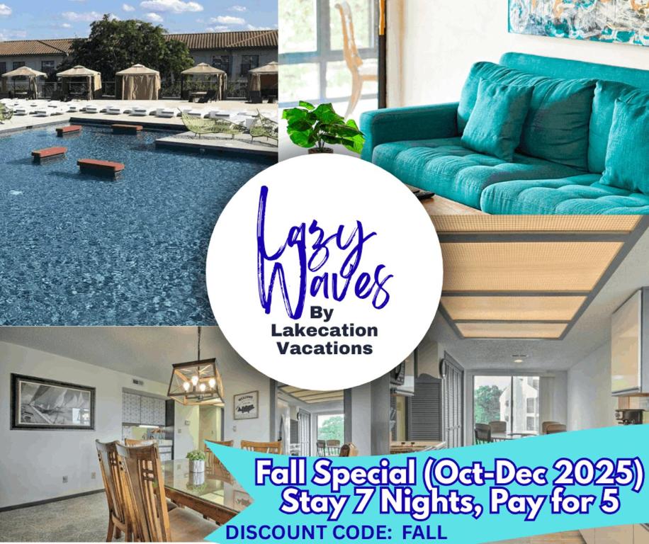 a collage of photos with a blue couch in a house at Lazy Waves-private 2 Bd2ba Wpool Access-sleeps 6 in Four Seasons