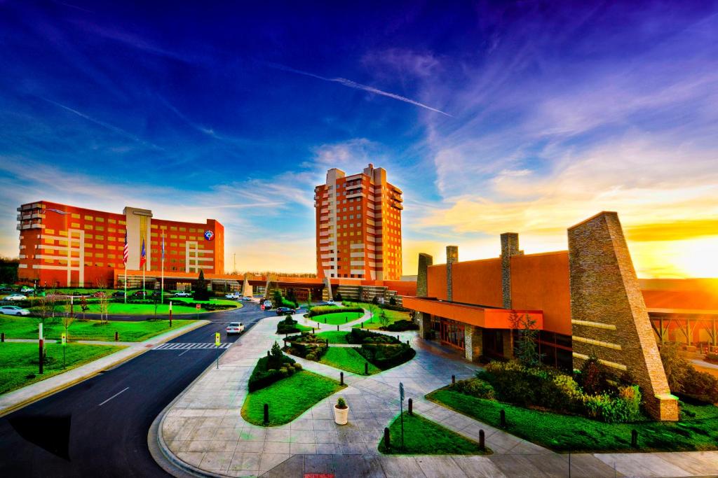 a view of a city with tall buildings and a street at Downstream Casino Resort in Loma Linda