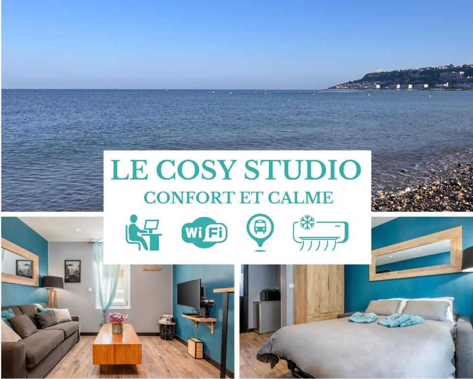 a collage of pictures of a room with the ocean at OFFRE octobre Le Cosy Studio, idéal pro ou couple, proche de la plage in Le Havre