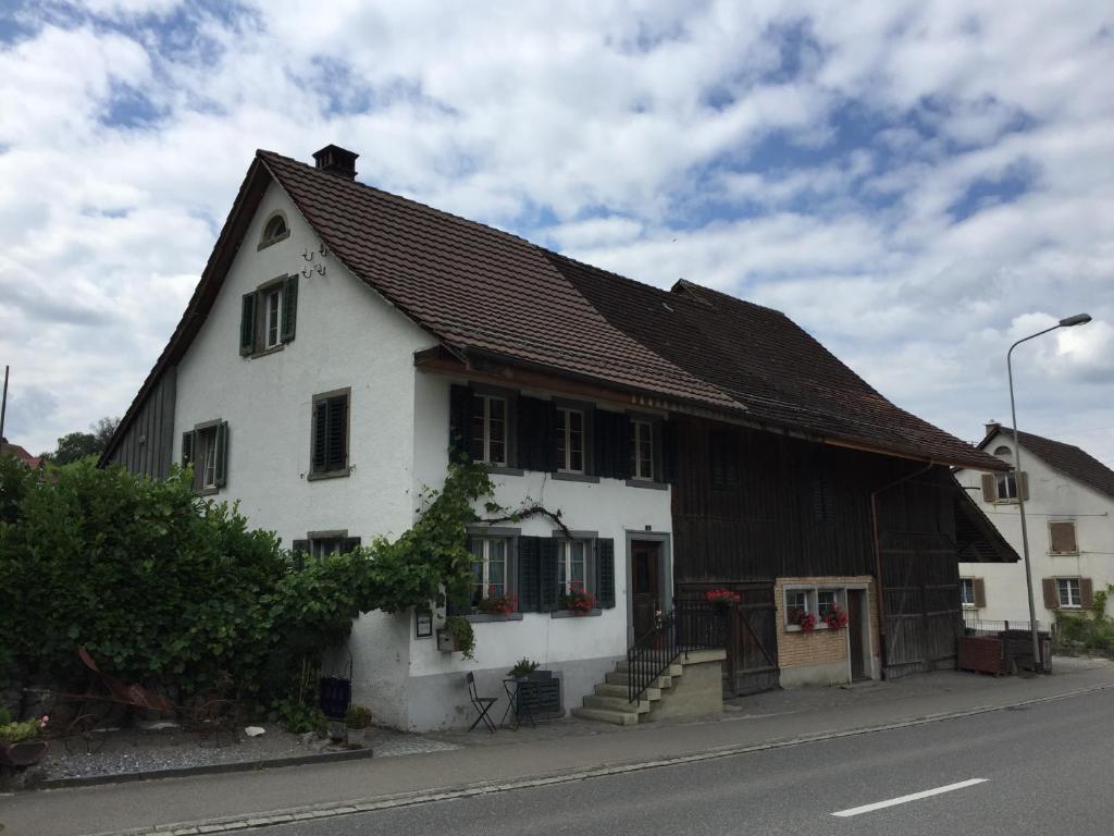 a large white house with a wooden roof at Airport Zürich Elwiras B & B in Lufingen