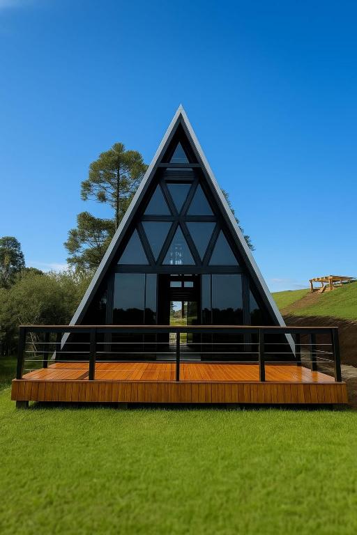 Ponte AltaにあるChalé Montem Verde I Serra Catarinenseの畑の上に三角屋根の建物が建っている