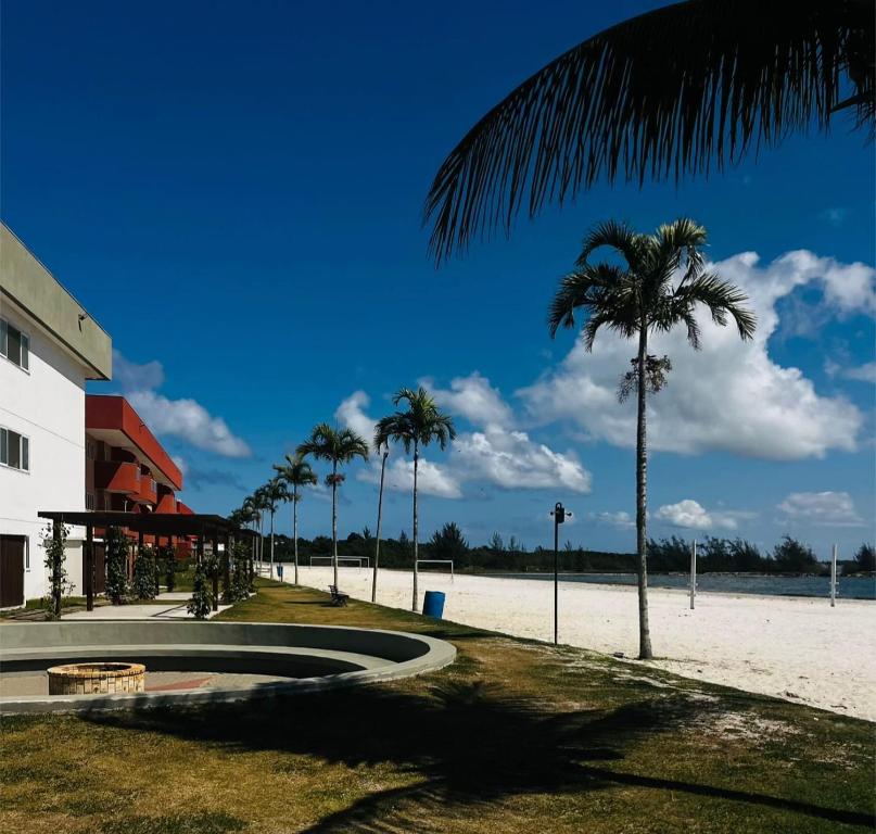 a view of a beach with palm trees and a building at Golden lake apartamento com linda vista para piscina in Arraial do Cabo