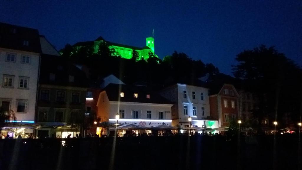 a green light on top of a building at night at Hostel Sleeping Beauty in Ljubljana