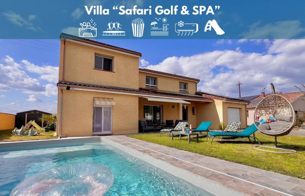 a villa with a swimming pool in front of a house at Villa Safari, Golf & Spa - Toulouse in Plaisance-du-Touch