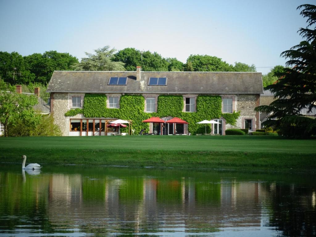 uma casa com um cisne em frente a um lago em Domaine de la Guignardière em Viévy-le-Rayé
