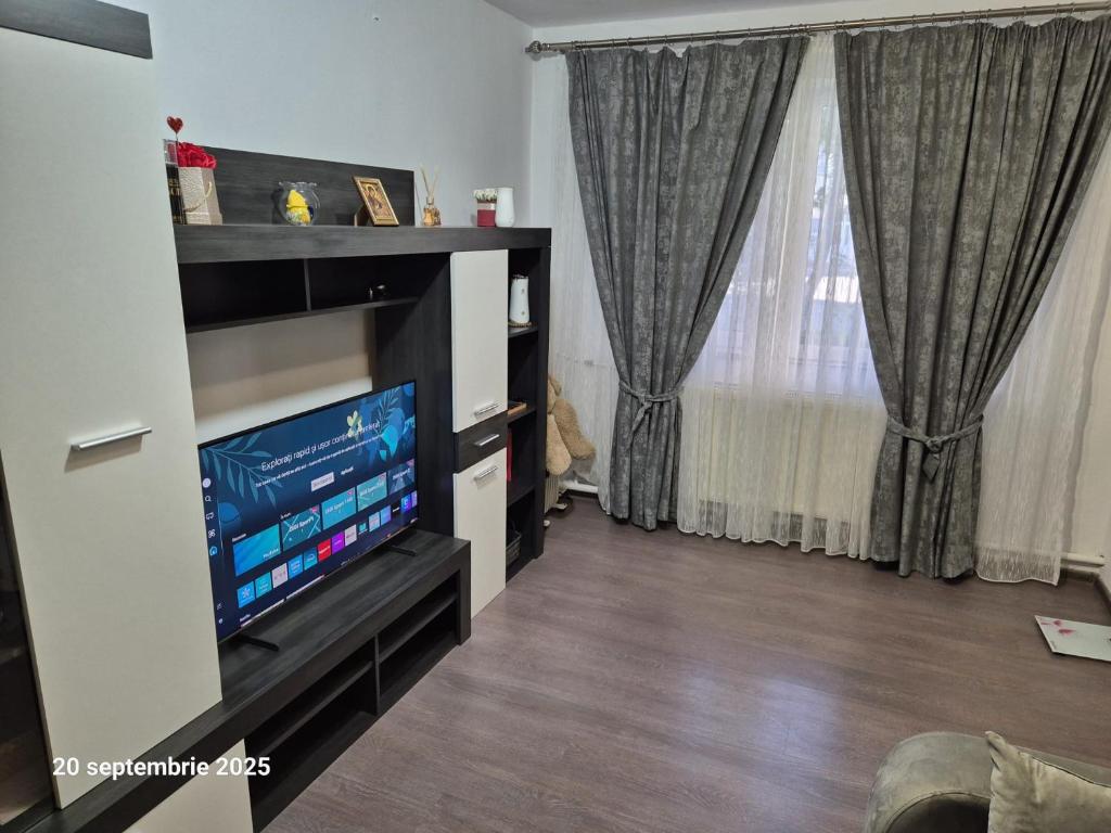 a living room with a tv and a window at Ana in Râmnicu Vâlcea