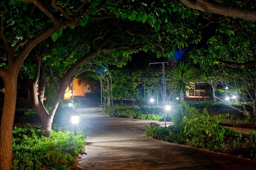 un passaggio notturno con luci in un parco di Dolphin Apartments a Frangokastello