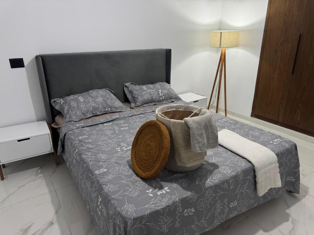 El Aouina StationにあるDiamond apartmentのベッドルーム1室(バスケット付きのベッド1台付)