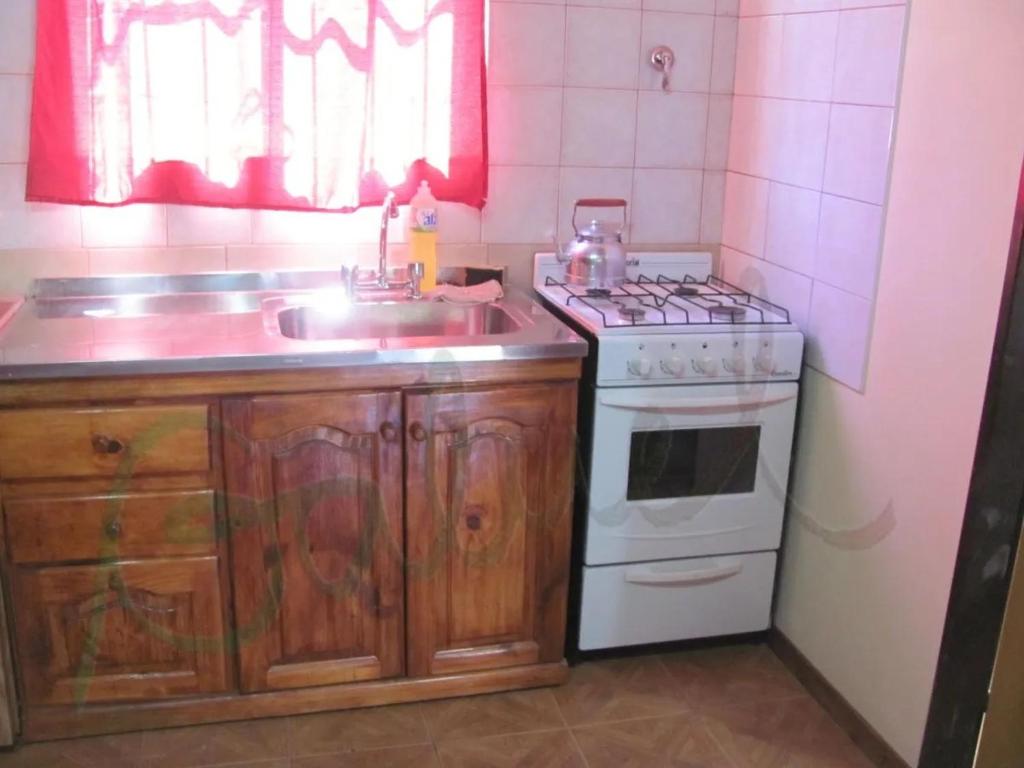 a kitchen with a sink and a stove at Cabaña Galuel in Aluminé