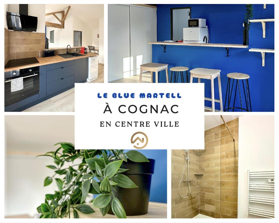 een collage van foto's van een keuken met blauw en wit bij #LeBlue #Centre Ville in Cognac