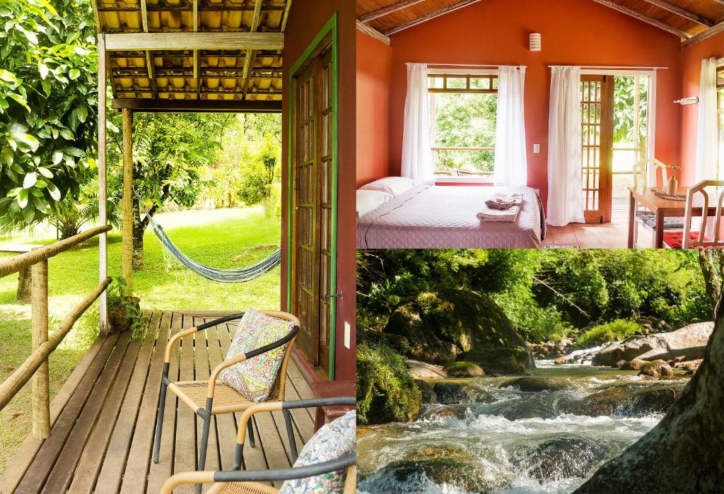 two pictures of a house with a bed and a river at Akasha Atelier Sana in Sana