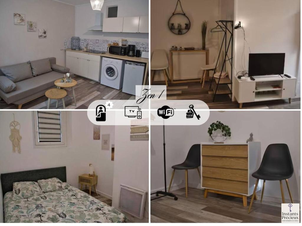 two pictures of a living room and a kitchen at Zen1 - Charmant deux pièces lumineux au cœur de Joigny in Joigny