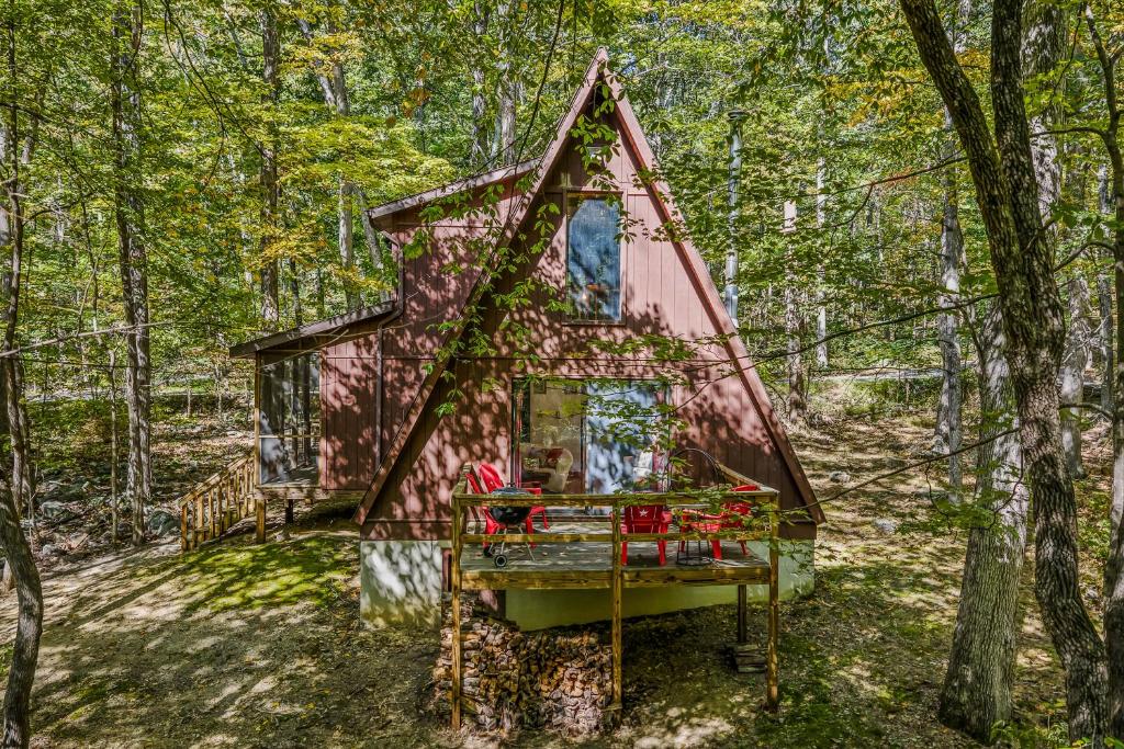 a red cabin in the woods with trees at Cozy - Experience It All in Berkeley Springs