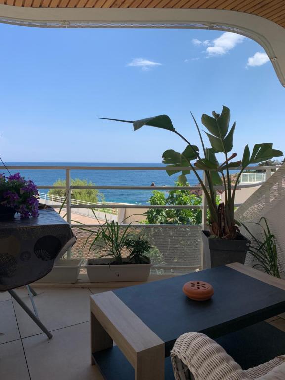 un soggiorno con tavolo e vista sull'oceano di Studio calme vue mer pieds dans l'eau a Saint-Raphaël