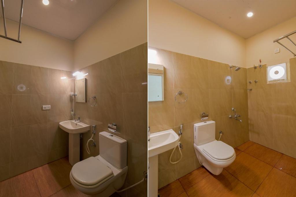 迈索尔Townhouse J K Golden Embassy的两张带有马桶和水槽的浴室的照片