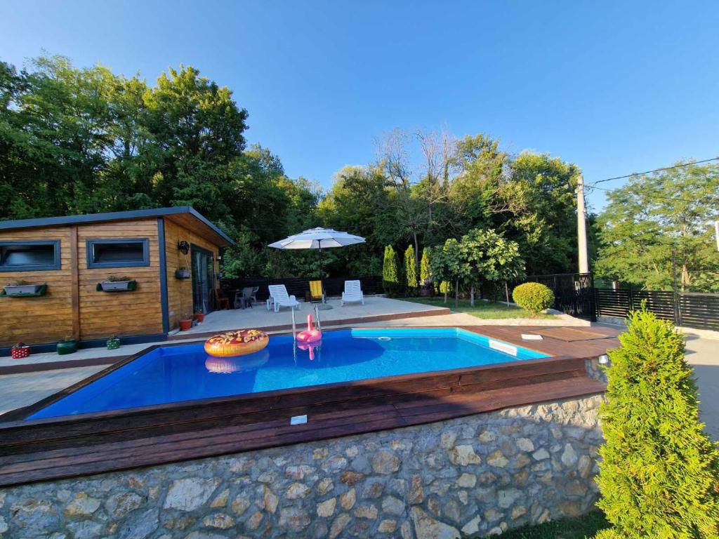 een zwembad in een tuin met een huis bij Vikendica Blagojević Čačak in Čačak