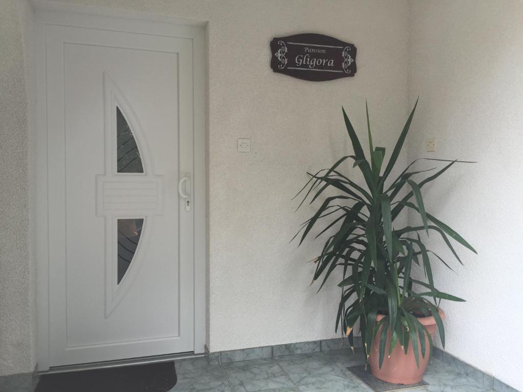 eine Pflanze neben einer Tür mit einem Schild an der Wand in der Unterkunft Guesthouse Gligora in Mandre