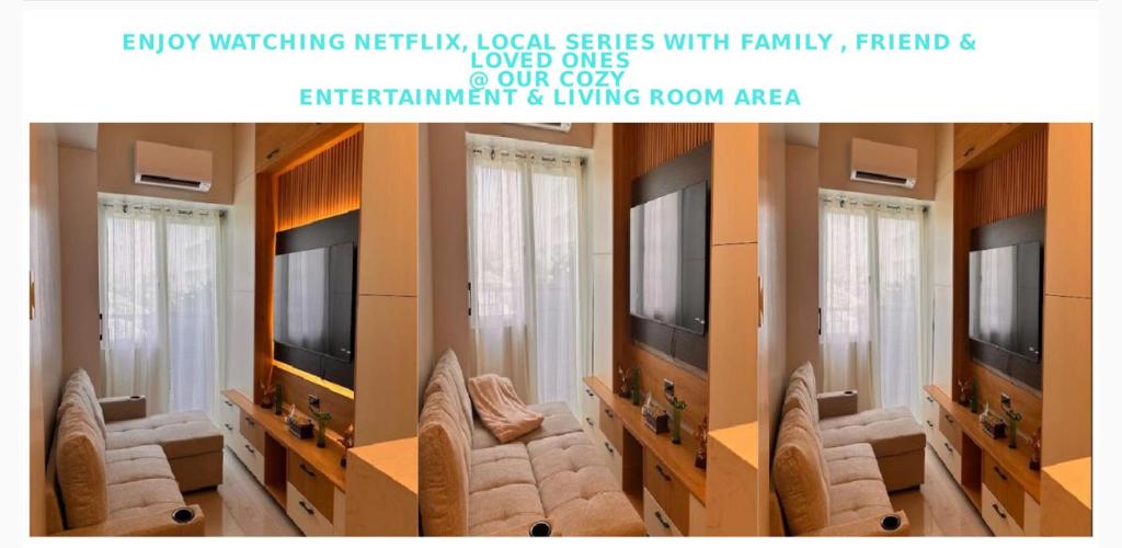 un soggiorno con divani e TV a schermo piatto di Eu & El Cozy Condo a Manila