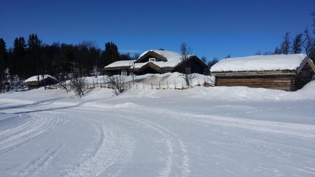 una casa está cubierta de nieve junto a una carretera en Nydelig hyttetun på Torpoåsen, en Torpo
