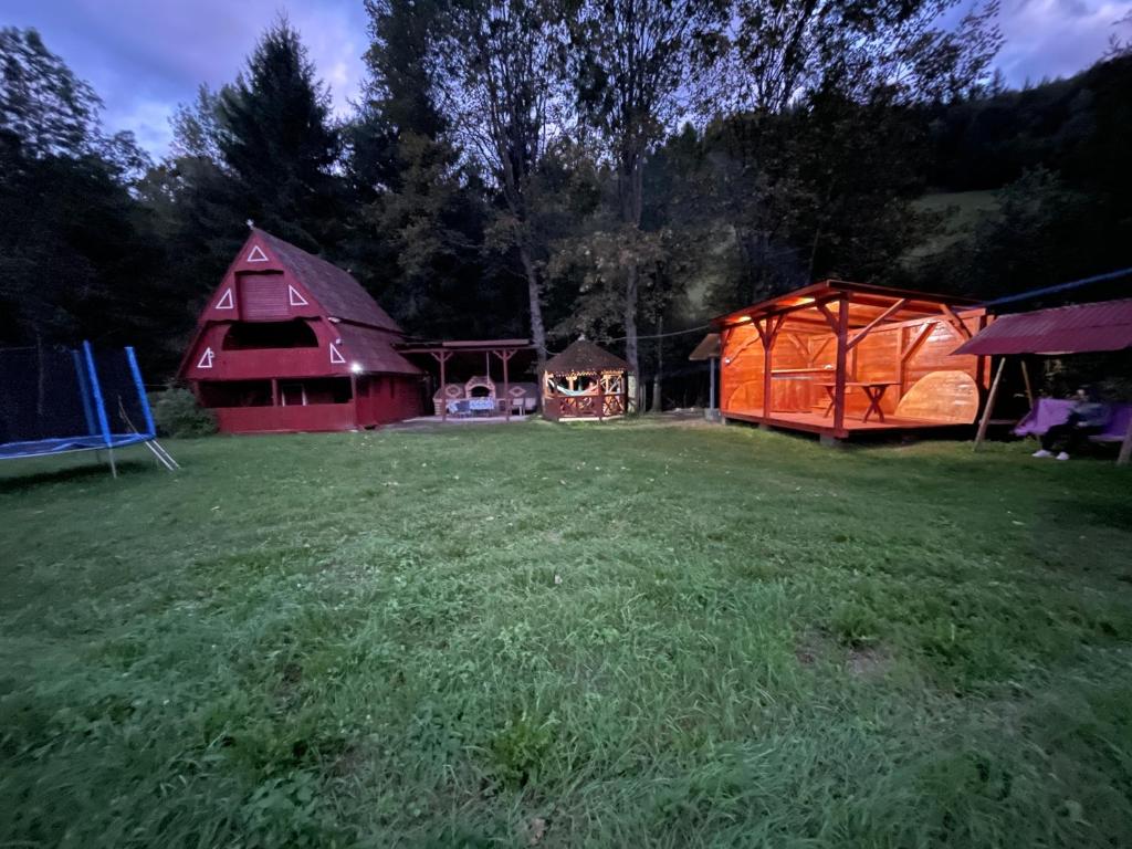a large yard with two barns and a tent at Cabana trei paltini in Poiana Vadului