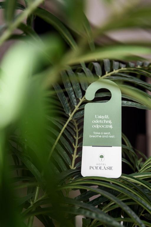 比亚韦斯托克波德拉谢酒店的绿色植物,上面有标志