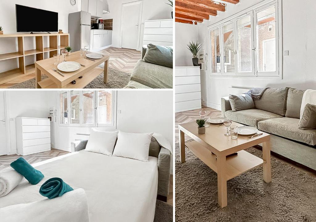 a living room with a couch and a table at Studio fonctionnel, cosy & calme en centre-ville in Melun